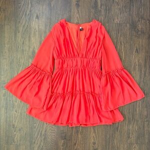 Miss Layered Red Orange Flare Long Sleeve V Neck A Line Dress Women’s Medium